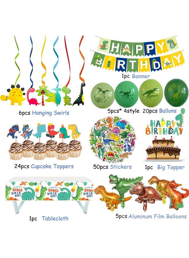 Bluejw Dinosaur Birthday Party Supplies, 104 Pcs Supplies Set for Boys and Girls, Include Balloons, Banner, Tablecloth, Stickers, Hanging Swirls, Aluminum Film Cake Topper Cupcake Toppers - Image 2