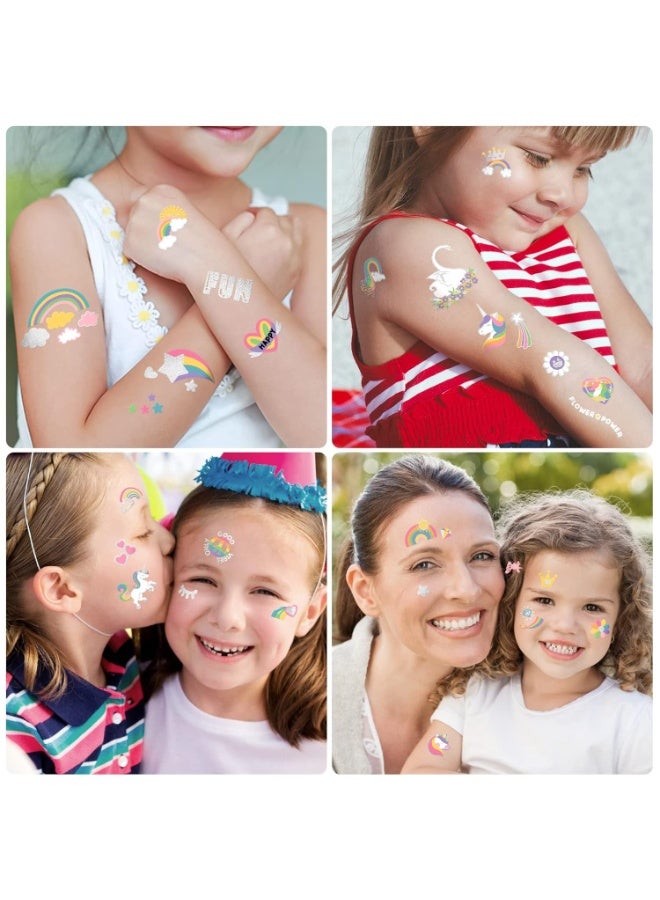 HTKCRX Temporary Tattoo for Kids Unicorn Rainbow Flower Cute-118 Glitter Styles Crown Swan Metallic Waterproof Groovy Fake Tattoos Body Face Tattoos Stickers Birthday Party Favors Decorations for Girls Boys - Image 4