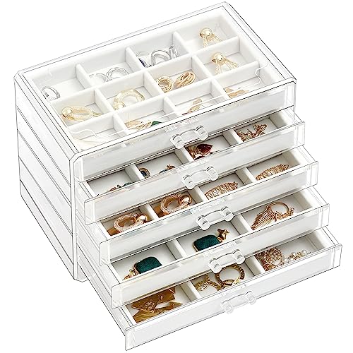 ProCase Earring Holder Organizer Jewelry Box with 5 Drawers, Acrylic Clear Earring Case with Adjustable Velvet Trays for Women - Warmwhite,5 Layers - Image 1