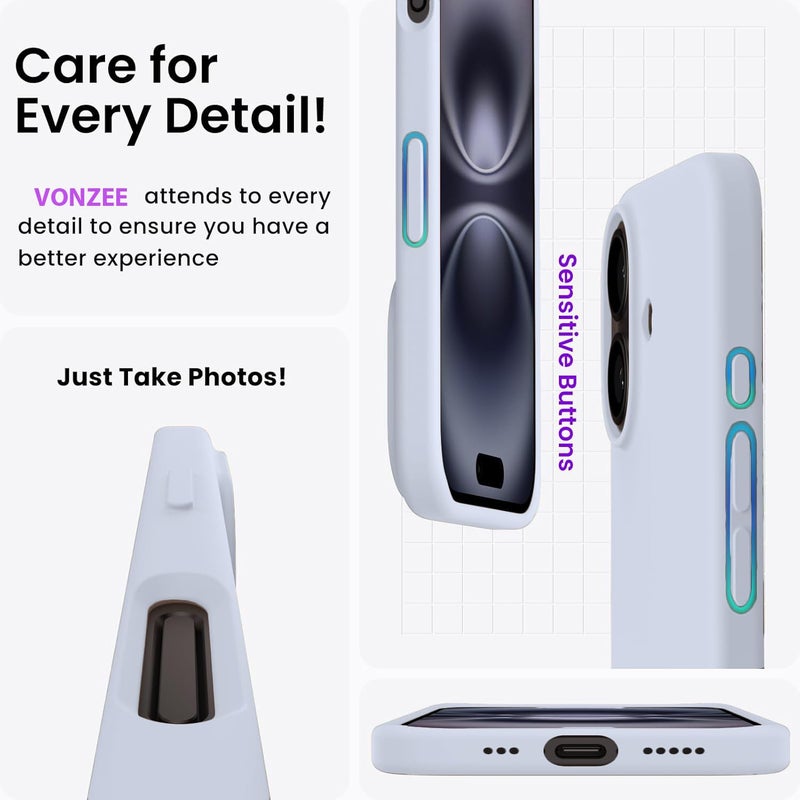 Elzzi غطاء ميكروفايبر مزخرف متوافق مع غلاف آيفون 16 بلس سائل سيليكوني كامل الجسم 4 طبقات أغطية واقية مضادة للصدمات مع حواف كاميرا مرتفعة (6.7 بوصة، أزرق ضبابي) - Image 5