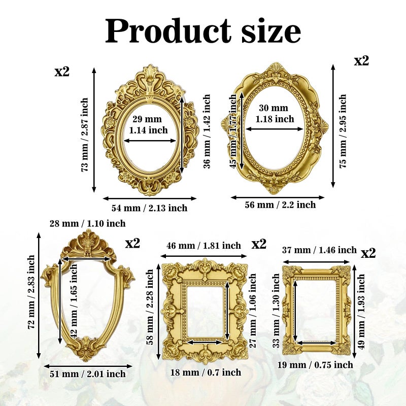 Sibba Vintage Resin Picture Frame 10 PCS Mini Gold Baroque Small Antique Ornaments Table Top Jewelry Display Oval Rectangle Wall Hanging Photography Holder for DIY Photo Christmas Home Decor - Image 2