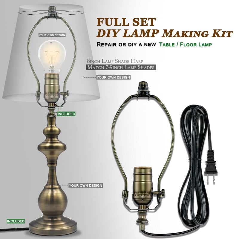 EMNOOTI Lamp Rewire Kit,Make a Lamp or Repair Kit,3-Way Lamp Socket with Matching Cord Lamp Harp Set,Lamp Wiring Kit for Table Floor Lamp,Essential Hardware for DIY Lamp Design or Repair (Antique Brass, 1) - Image 4