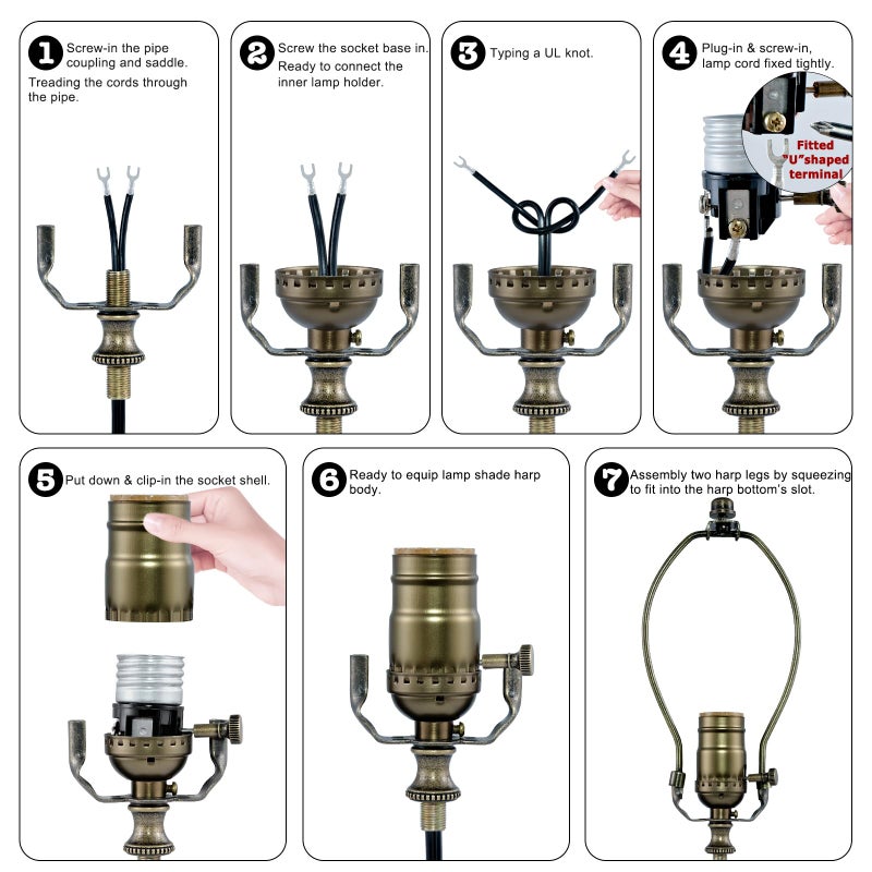 EMNOOTI Lamp Rewire Kit,Make a Lamp or Repair Kit,3-Way Lamp Socket with Matching Cord Lamp Harp Set,Lamp Wiring Kit for Table Floor Lamp,Essential Hardware for DIY Lamp Design or Repair (Antique Brass, 1) - Image 3