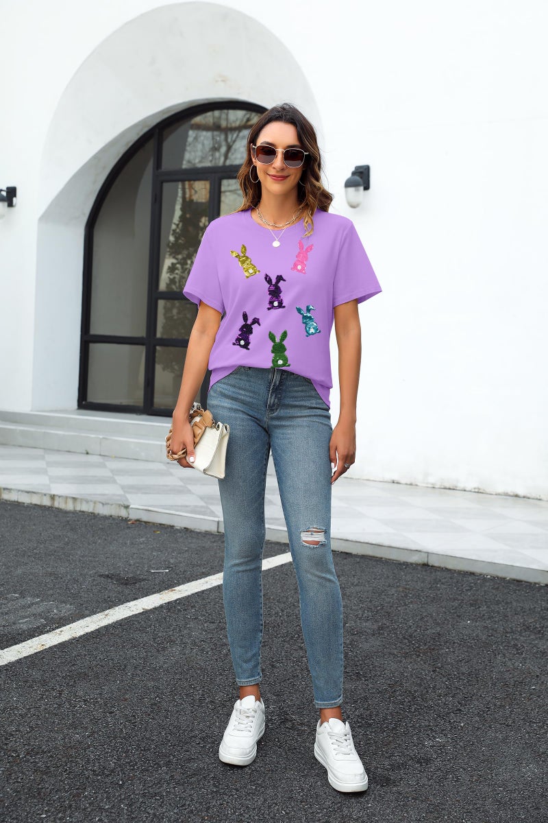 MAXIMGR Happy Easter Shirts Women Sequin Bunny Shirt Cute Rabbit Graphic T Shirt Funny Easter Gift Short Sleeve Tee Tops Purple - Image 4