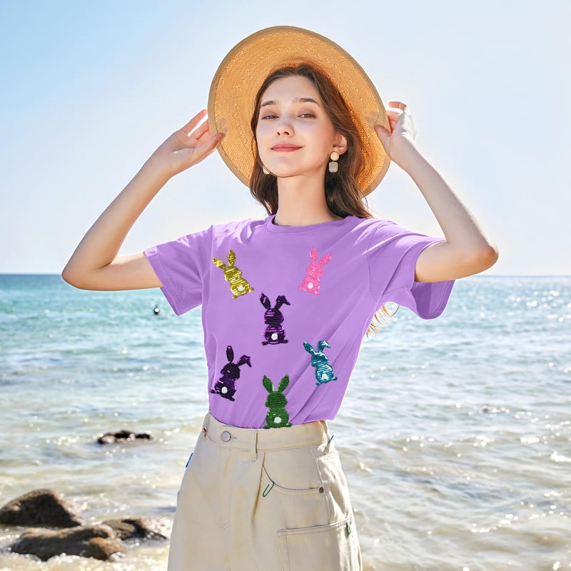 MAXIMGR Happy Easter Shirts Women Sequin Bunny Shirt Cute Rabbit Graphic T Shirt Funny Easter Gift Short Sleeve Tee Tops Purple - Image 2