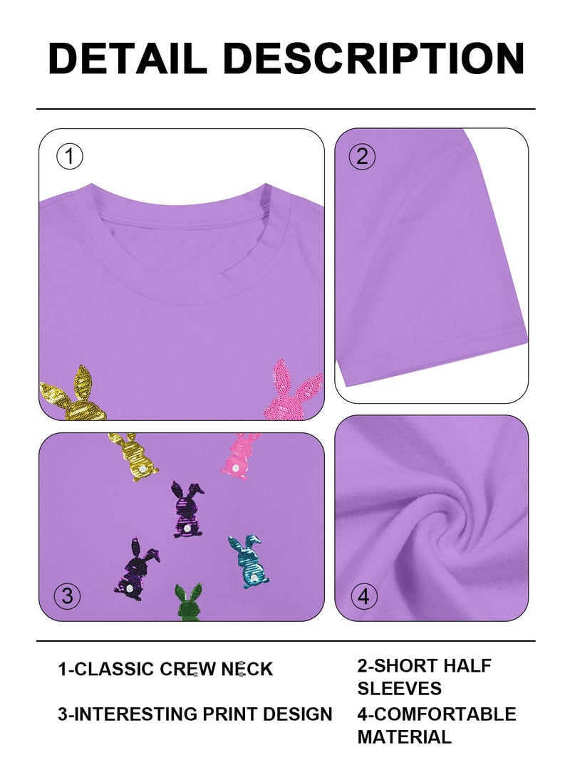 MAXIMGR Happy Easter Shirts Women Sequin Bunny Shirt Cute Rabbit Graphic T Shirt Funny Easter Gift Short Sleeve Tee Tops Purple - Image 5