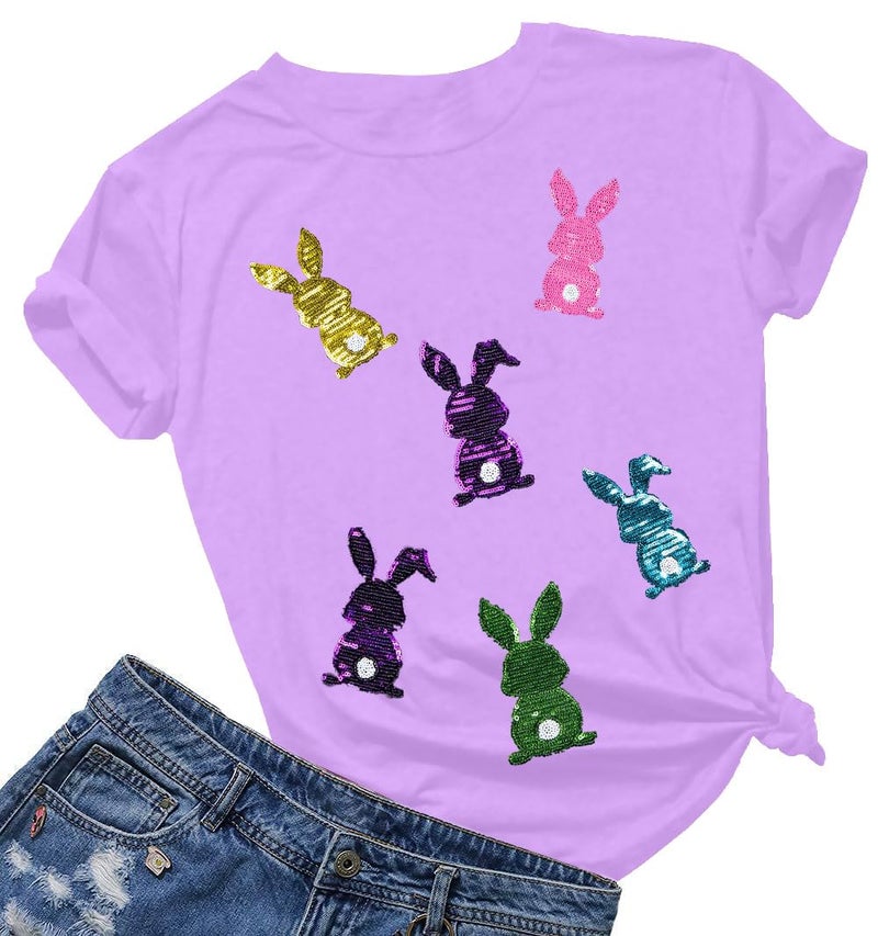 MAXIMGR Happy Easter Shirts Women Sequin Bunny Shirt Cute Rabbit Graphic T Shirt Funny Easter Gift Short Sleeve Tee Tops Purple - Image 1