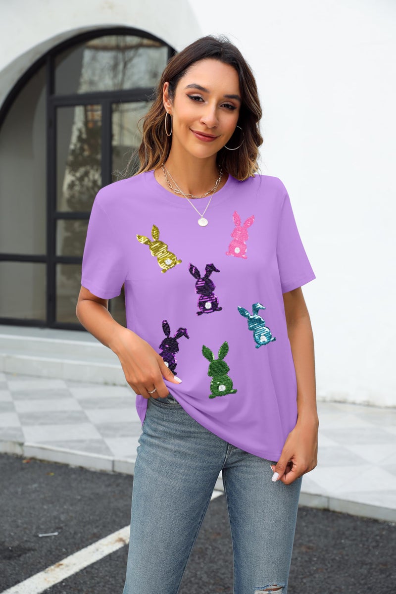 MAXIMGR Happy Easter Shirts Women Sequin Bunny Shirt Cute Rabbit Graphic T Shirt Funny Easter Gift Short Sleeve Tee Tops Purple - Image 3