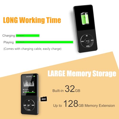 skybess MP3 Player with Bluetooth and Speaker, 32GB MP3 Music Player, Up to 128GB Storage Extension, Portable and Multifunctional MP3 Players with FM Radio, Inlcuding Earphones, Supports Shuffle Playing - Image 3