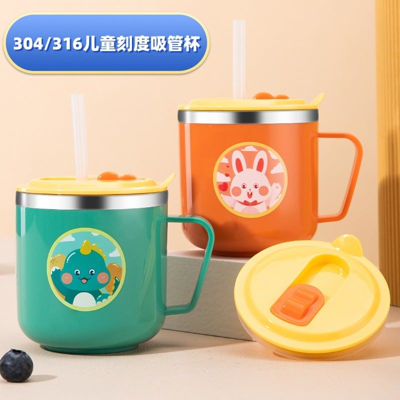 Children'S Water Cup With Scale Drinking Water Drop-Resistant 304 Stainless Steel Direct Drinking Drinking Drinking Cup Straw Cup Baby Milk Cup - Image 2
