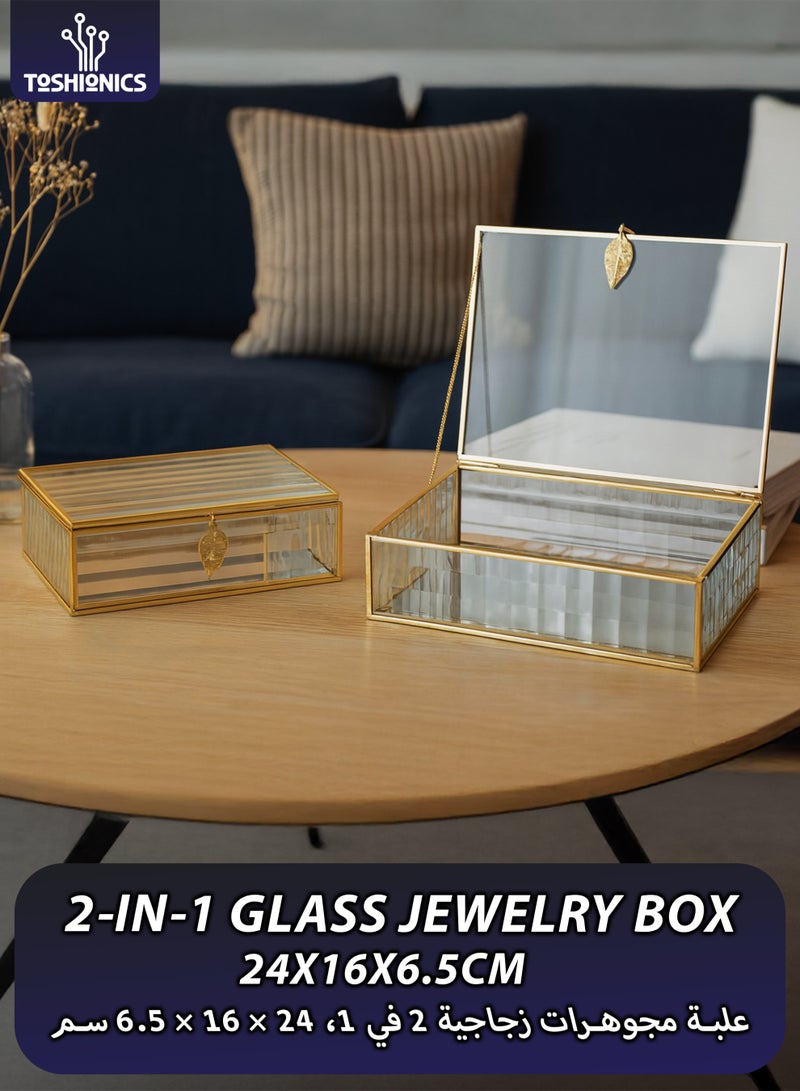 توشيونيكس صندوق مجوهرات زجاجي مكون من قطعتين T113679 – صندوق تخزين مستطيل فاخر مزخرف (24×16×6.5 سم) - Image 1