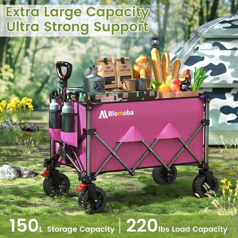 Blomoba Collapsible Wagon Cart, 150L Heavy Duty Foldable Beach Wagon with Wider Wheels & Auto-Rebound Handle, Utility Grocery Shopping Cart for Garden, Shopping, Camping, Sports, Pink - Image 4
