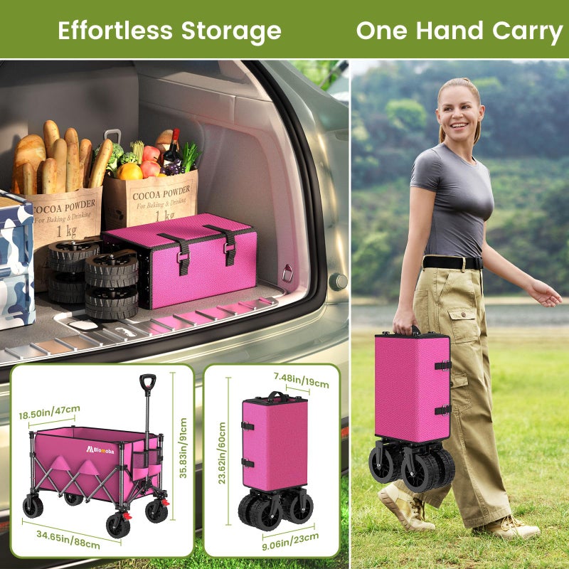 Blomoba Collapsible Wagon Cart, 150L Heavy Duty Foldable Beach Wagon with Wider Wheels & Auto-Rebound Handle, Utility Grocery Shopping Cart for Garden, Shopping, Camping, Sports, Pink - Image 3