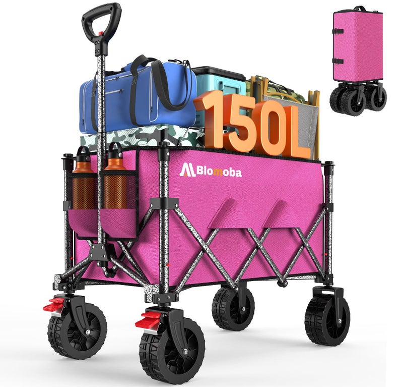 Blomoba Collapsible Wagon Cart, 150L Heavy Duty Foldable Beach Wagon with Wider Wheels & Auto-Rebound Handle, Utility Grocery Shopping Cart for Garden, Shopping, Camping, Sports, Pink - Image 1