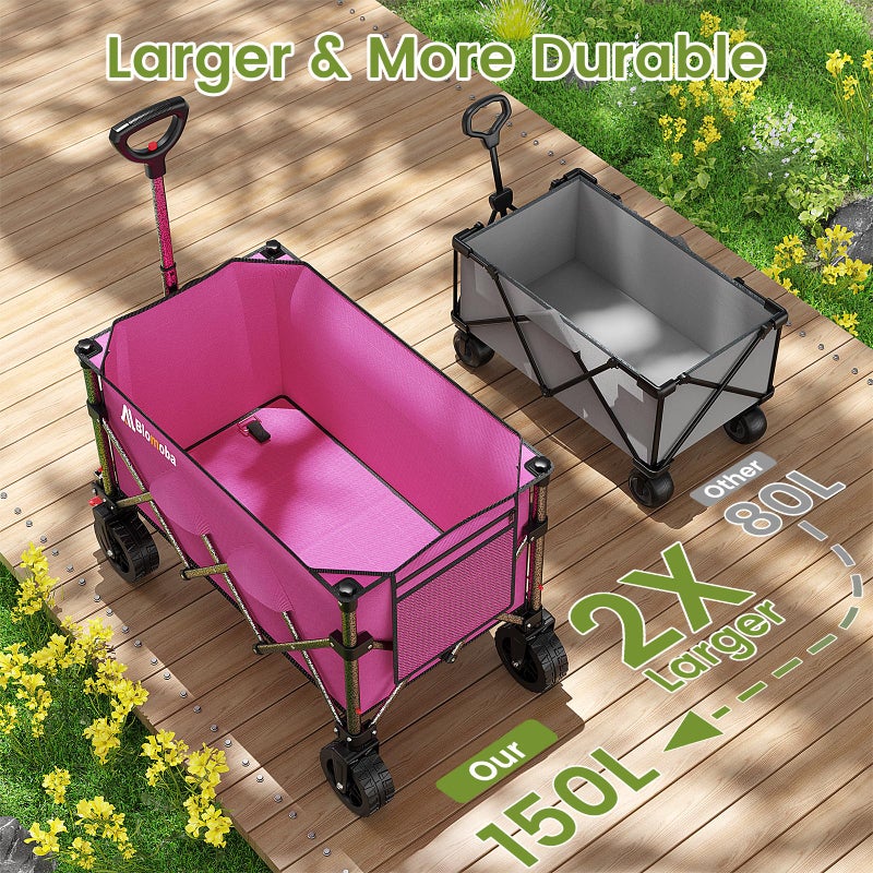 Blomoba Collapsible Wagon Cart, 150L Heavy Duty Foldable Beach Wagon with Wider Wheels & Auto-Rebound Handle, Utility Grocery Shopping Cart for Garden, Shopping, Camping, Sports, Pink - Image 5