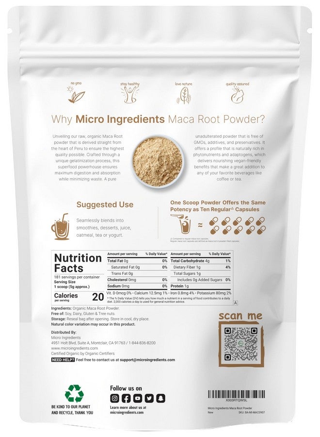 Micro Ingredients Organic Maca Root Powder, 2 Pound, Gelatinized for Better Absorption, Rich in Antioxidants, Help Energy, Stamina, Endurance, Strength and Immune System, No GMOs, Vegan Friendly and Peru Origin - Image 2