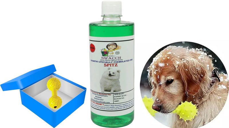 swacch Spitz Dog Shampoo + Dumbbell Toy I Durable Rubber Dog Toy for Chewing I Playing,Teeth Cleaning & Training Toy I Combo Pack I 500ml Neem Alovera - Image 1