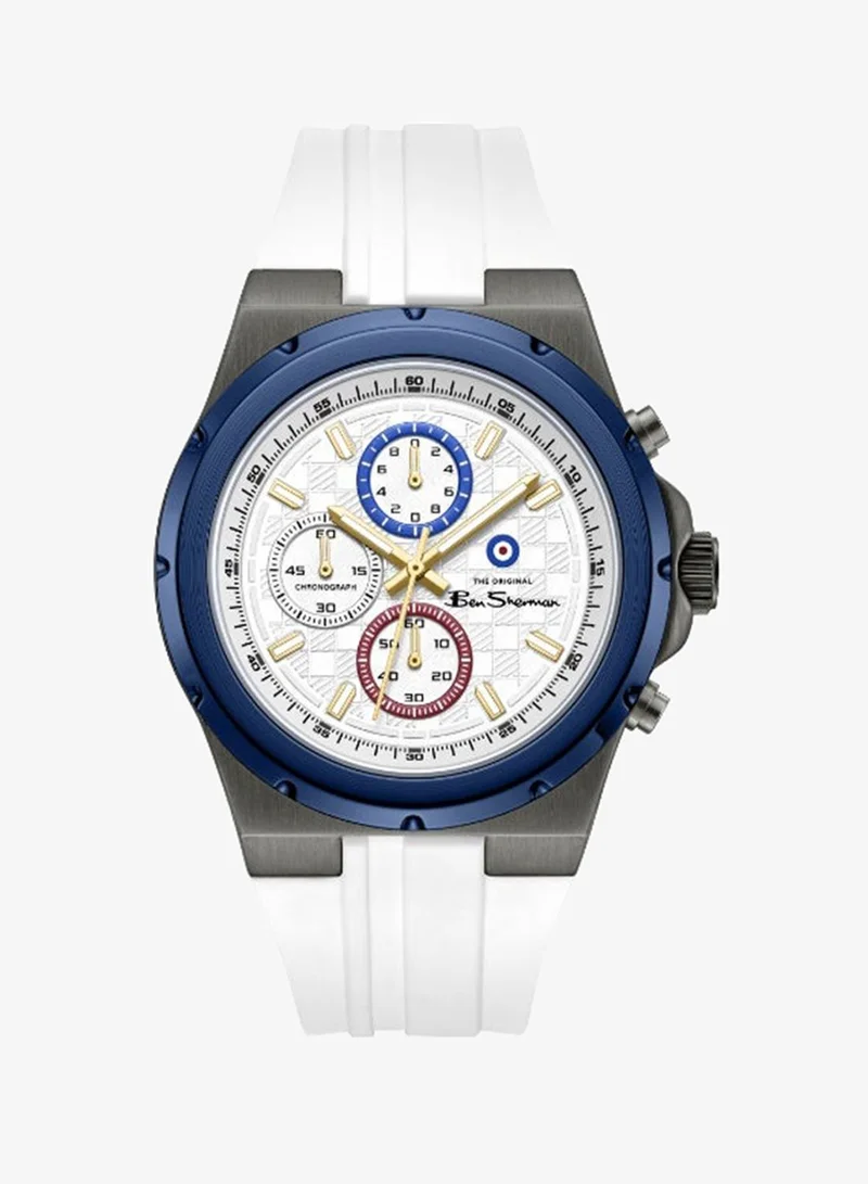 بين شيرمان Manchester  Silver Dial White Silicone Strap Chronograph Watch for Men, 43mm