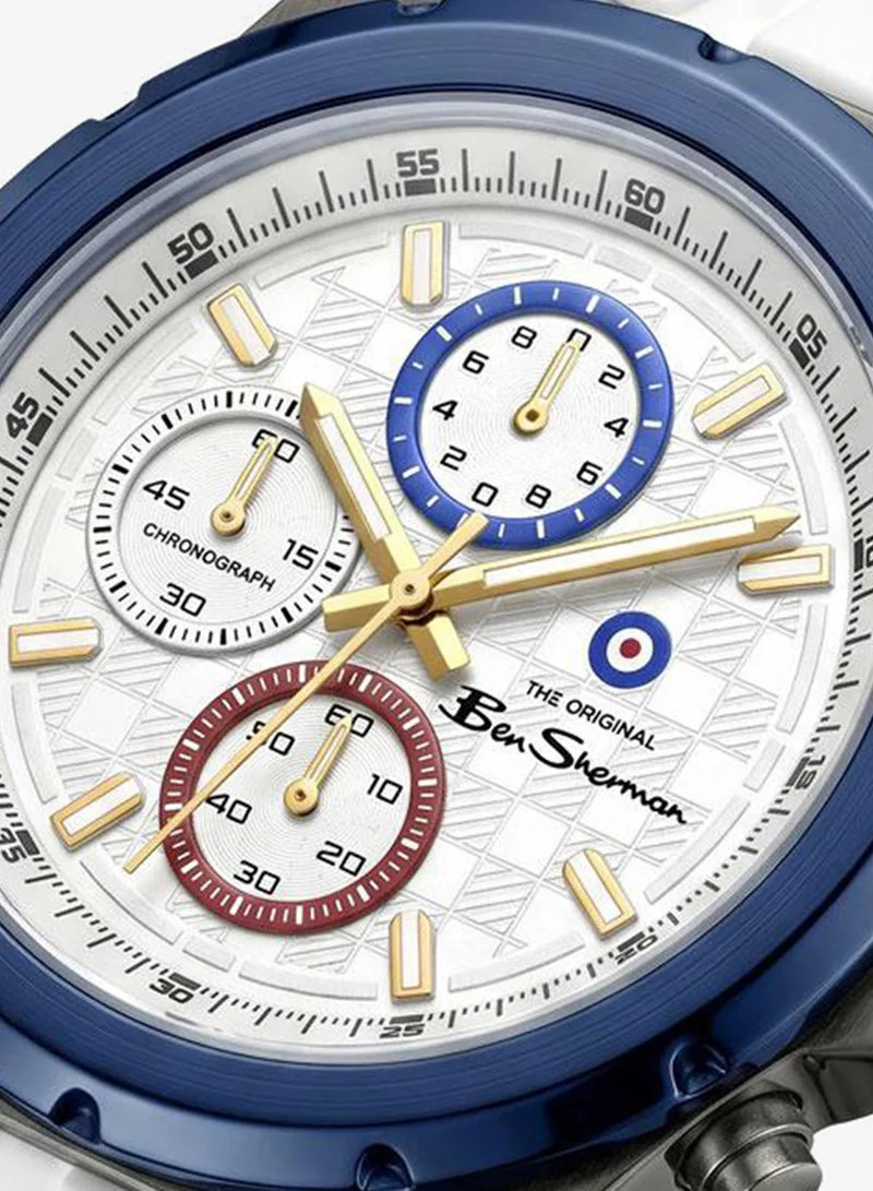 بين شيرمان Manchester  Silver Dial White Silicone Strap Chronograph Watch for Men, 43mm