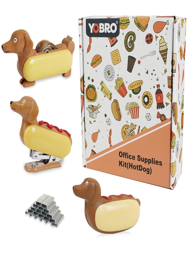 Yobro Desk Stapler Set,Office Supply Kit Includes Tape Dispenser & Mini Stapler,Miniature Dachshund Hot Dog Design with Squeezing Toy - Image 1