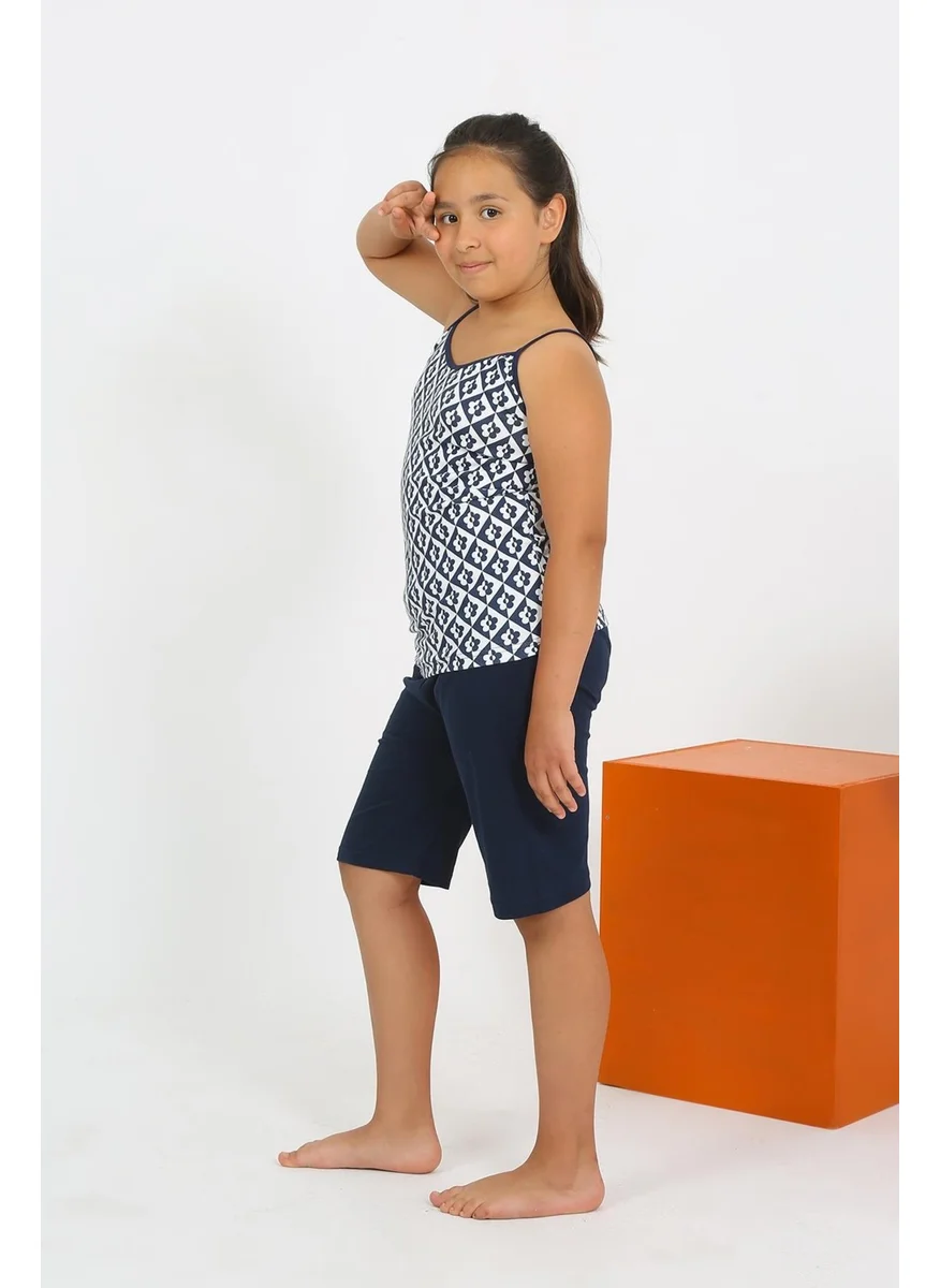 اكبينيز Girl's Combed Cotton Navy Blue Pajama Set with Rope Strap Shorts 20430