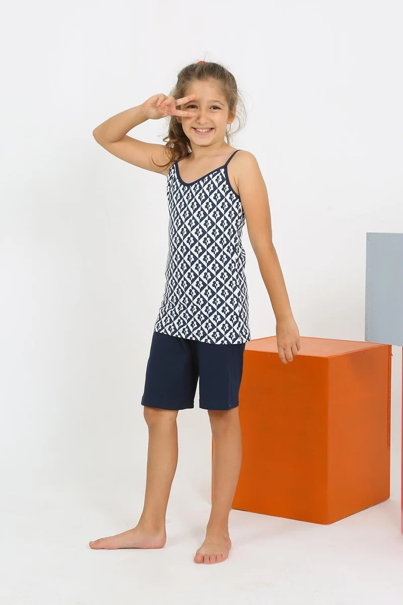Akbeniz Girl's Combed Cotton Navy Blue Pajama Set with Rope Strap Shorts 20430