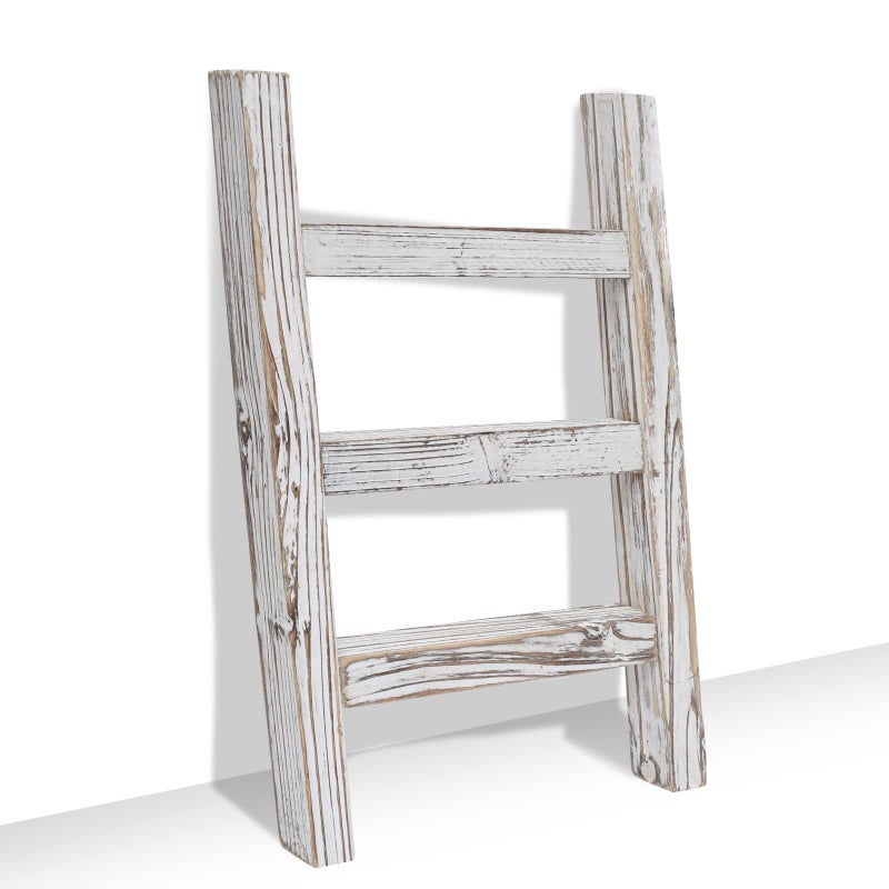 FUIN Wooden Tea Towel Ladder Mini Ladder Towel Rack Display Hanger Small Rustic Farmhouse Tea Towel Stand Holder for Country Bathroom Decor White - Image 2