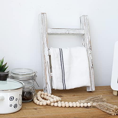 FUIN Wooden Tea Towel Ladder Mini Ladder Towel Rack Display Hanger Small Rustic Farmhouse Tea Towel Stand Holder for Country Bathroom Decor White - Image 3
