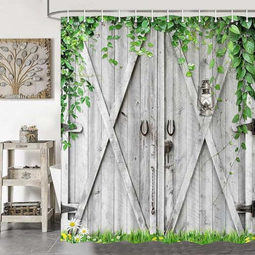 Jipusai Rustic Wooden Board Barn Door Shower Curtain Sets for Bathroom, Vintage Farmhouse Wooden Theme Plank Green Leaves Bath Curtain, Fabric Grass and Flowers Spring Decoration Curtains with Hooks 70X70IN - Image 3