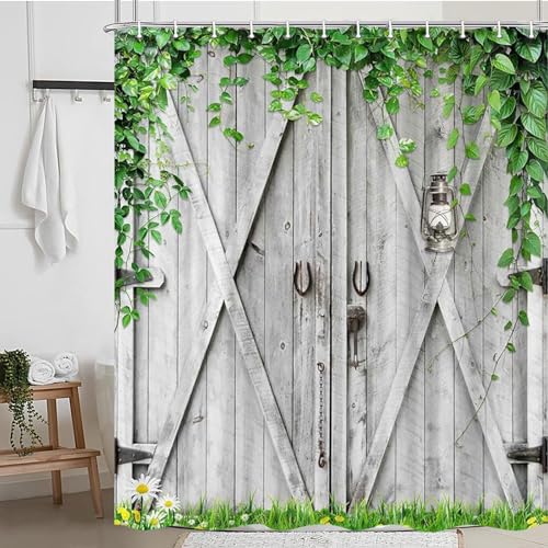 Jipusai Rustic Wooden Board Barn Door Shower Curtain Sets for Bathroom, Vintage Farmhouse Wooden Theme Plank Green Leaves Bath Curtain, Fabric Grass and Flowers Spring Decoration Curtains with Hooks 70X70IN - Image 2