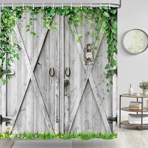 Jipusai Rustic Wooden Board Barn Door Shower Curtain Sets for Bathroom, Vintage Farmhouse Wooden Theme Plank Green Leaves Bath Curtain, Fabric Grass and Flowers Spring Decoration Curtains with Hooks 70X70IN - Image 1