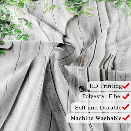 Jipusai Rustic Wooden Board Barn Door Shower Curtain Sets for Bathroom, Vintage Farmhouse Wooden Theme Plank Green Leaves Bath Curtain, Fabric Grass and Flowers Spring Decoration Curtains with Hooks 70X70IN - Image 5