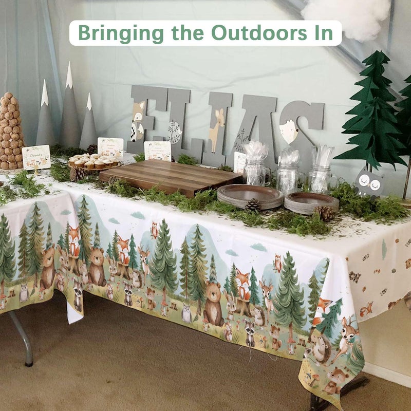 Caisehabu 3Pcs Woodland Baby Shower Decorations Tablecloth, Baby Boy Large Size 54 x 108 Inch Rectangular Plastic Table Cloth Forest Animals Mountain Wilderness Theme Decor - Image 4