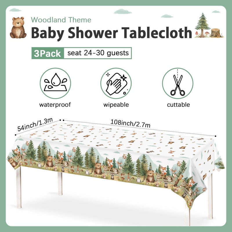 Caisehabu 3Pcs Woodland Baby Shower Decorations Tablecloth, Baby Boy Large Size 54 x 108 Inch Rectangular Plastic Table Cloth Forest Animals Mountain Wilderness Theme Decor - Image 5