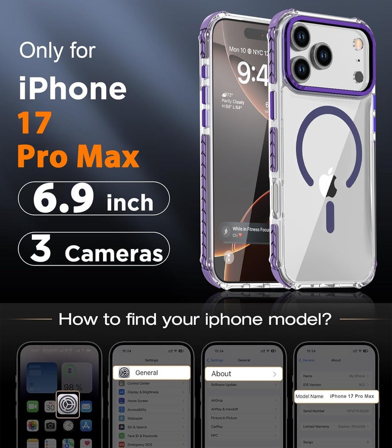 DEERLAMN Strong Magnetic Case for iPhone 17 Pro Max 6.9-Inch,[Compatible with Magsafe][Military Grade Drop Protection] Clear Slim Shockproof Protective Phone Cover-Transparent+Purple - Image 2