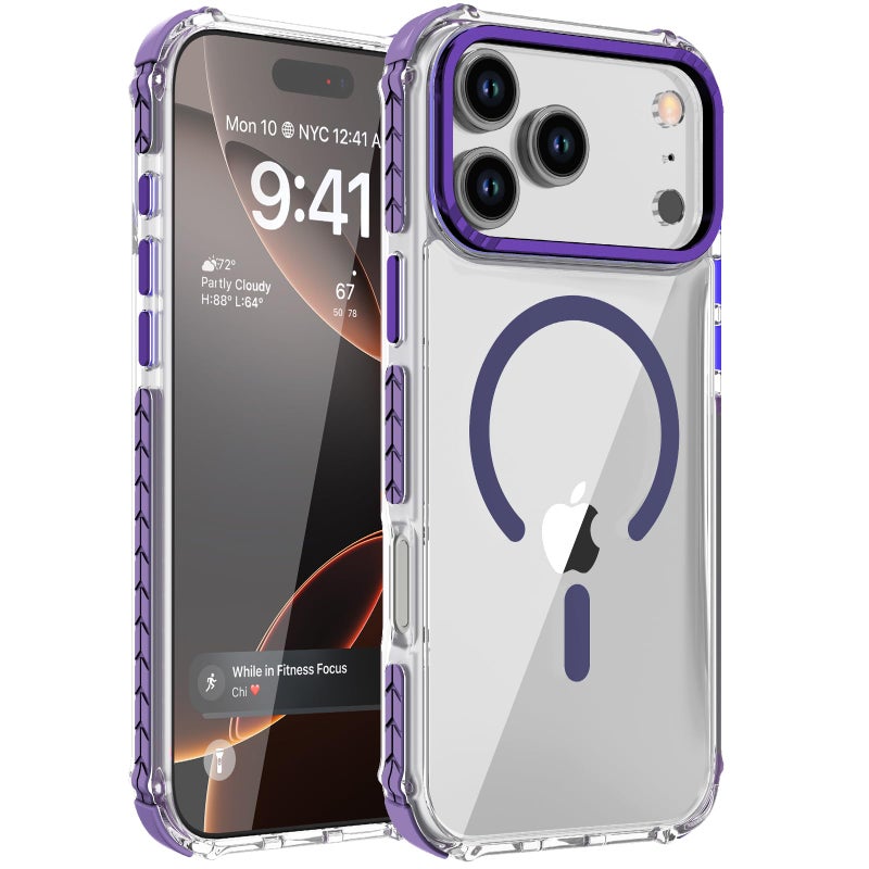 DEERLAMN Strong Magnetic Case for iPhone 17 Pro Max 6.9-Inch,[Compatible with Magsafe][Military Grade Drop Protection] Clear Slim Shockproof Protective Phone Cover-Transparent+Purple - Image 1