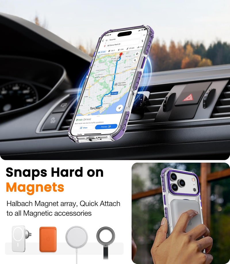 DEERLAMN Strong Magnetic Case for iPhone 17 Pro Max 6.9-Inch,[Compatible with Magsafe][Military Grade Drop Protection] Clear Slim Shockproof Protective Phone Cover-Transparent+Purple - Image 5