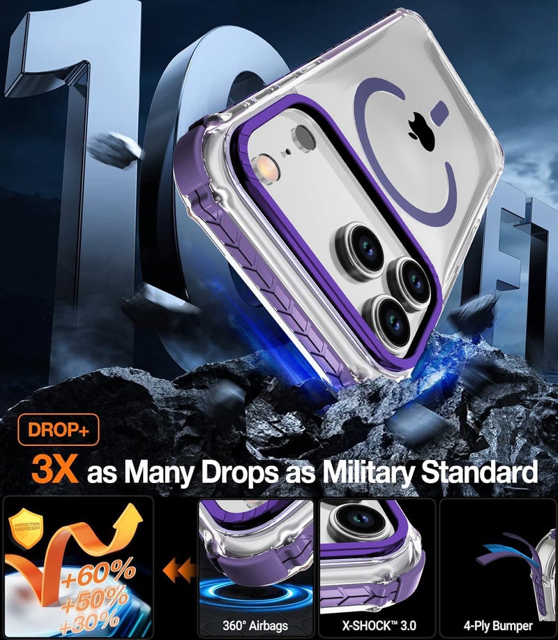 DEERLAMN Strong Magnetic Case for iPhone 17 Pro Max 6.9-Inch,[Compatible with Magsafe][Military Grade Drop Protection] Clear Slim Shockproof Protective Phone Cover-Transparent+Purple - Image 3
