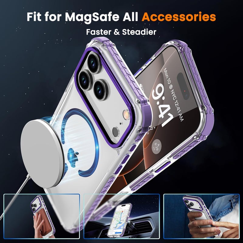 DEERLAMN Strong Magnetic Case for iPhone 17 Pro Max 6.9-Inch,[Compatible with Magsafe][Military Grade Drop Protection] Clear Slim Shockproof Protective Phone Cover-Transparent+Purple - Image 4