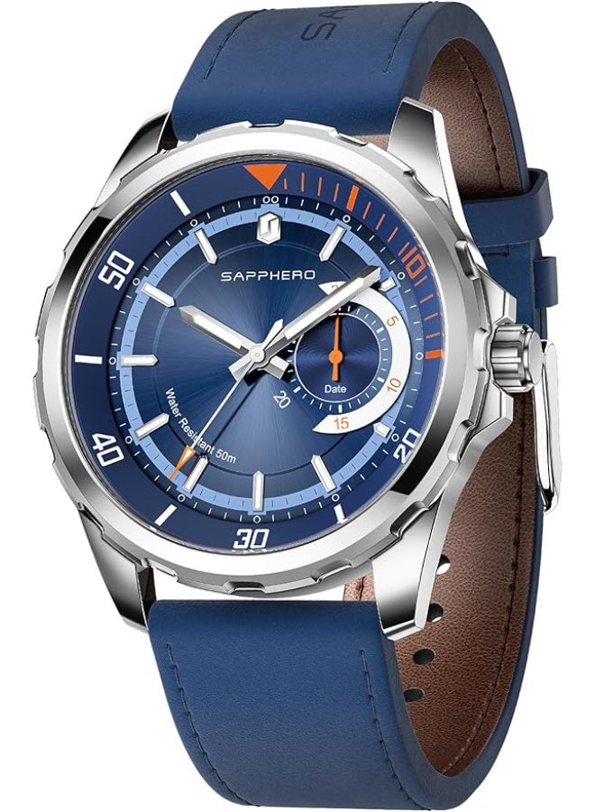 Sapphero Men's Quartz Analog Watch with Date, Subdial, and Leather Strap, Water Resistant to 50m, for Business, Work, Sports, Casual Wear, Elegant Gift for Men - Image 1