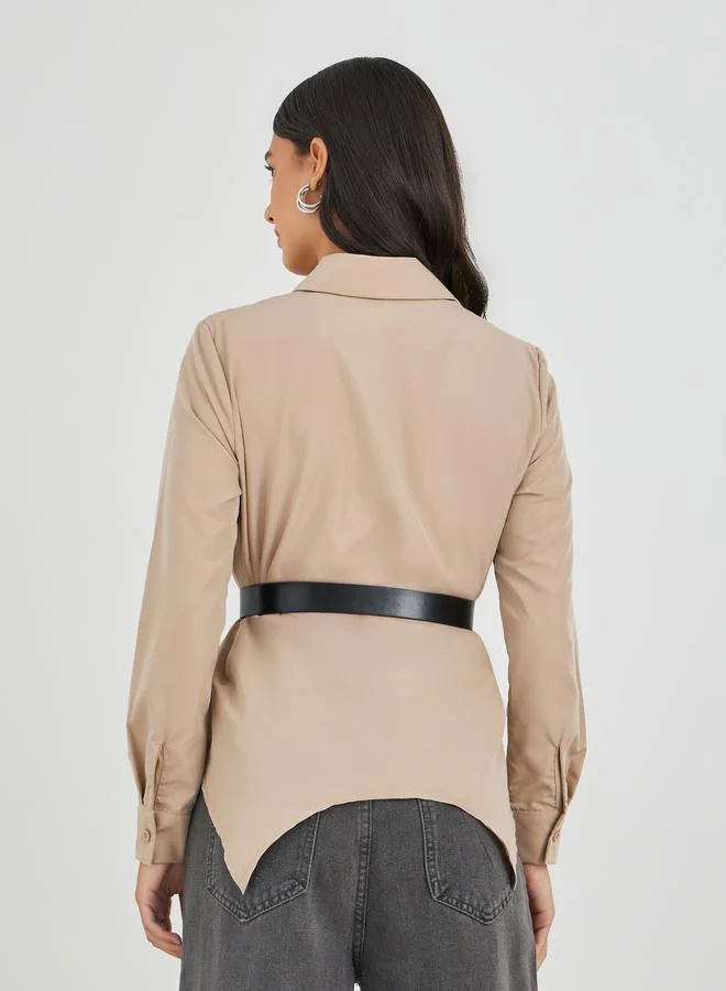 Styli Styli Solid Long Sleeve Buttoned Shirt with Belt