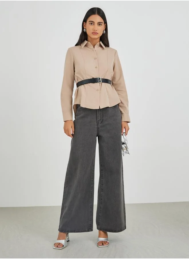 ستايلي Styli Solid Long Sleeve Buttoned Shirt with Belt