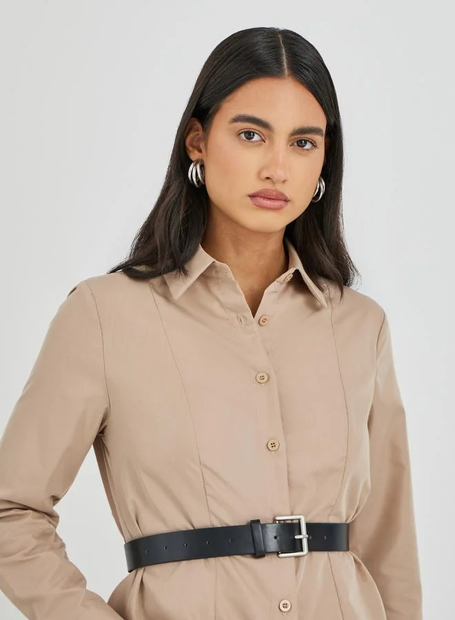 Styli Styli Solid Long Sleeve Buttoned Shirt with Belt