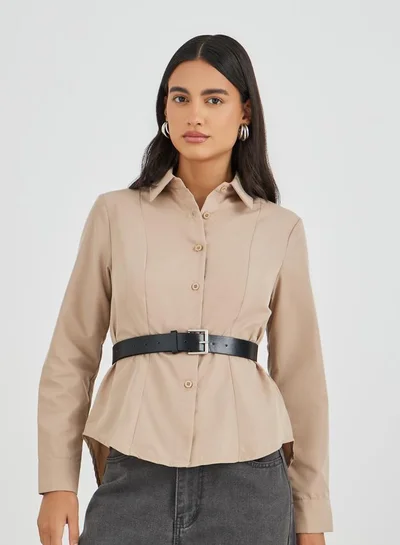 Styli Solid Long Sleeve Buttoned Shirt with Belt
