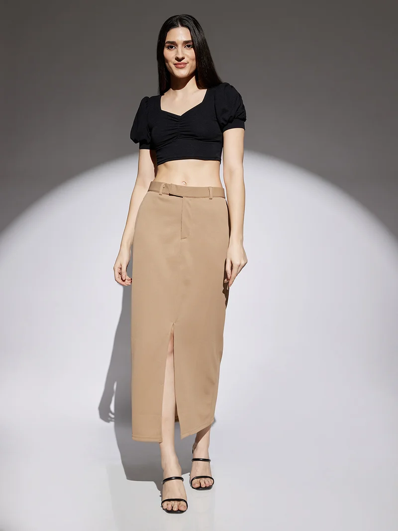 globus Women Coffee Self Design Mid Rise Front Slit Side Pockets Belt Loops Pencil Midi Skirt