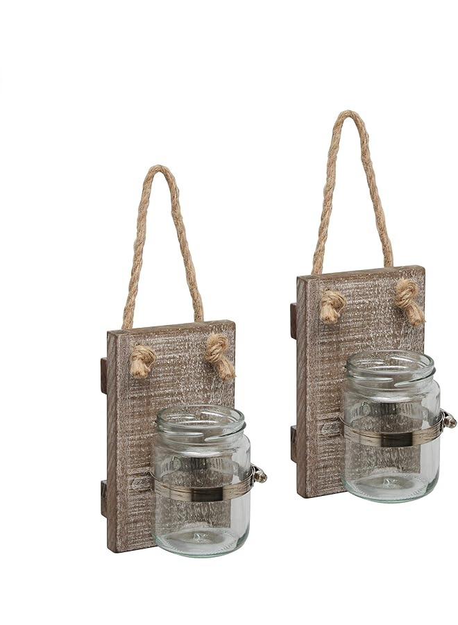 إيروريكس طقم شمعدانات حائط خشبية ريفية بيضاء اللون مع حلقة تعليق - Image 1