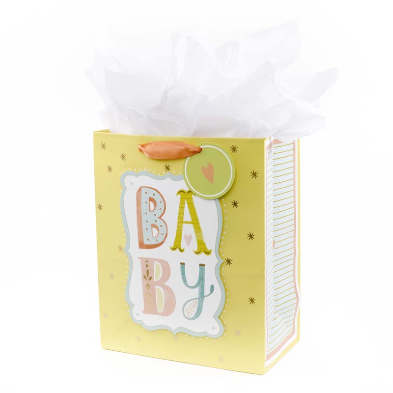 Hallmark 13" Large Gift Bag with Tissue Paper (B-A-B-Y, Yellow) for Baby Showers, New Parents and More - Image 1