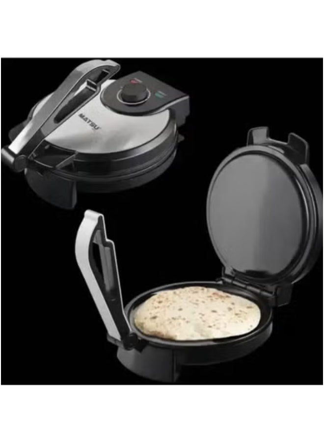 ELTRAZONE - MATSU 10-Inch Electric Roti Maker – 1200W Non-Stick Chapati Press Machine with Durable Stainless Steel Body, Adjustable Temperature Control, Dual Indicator Lights, Safety Lock, Easy Clean Non-Stick Plates, Quick Heating, Instruction Manual Included – 220-240V Home Kitchen Appliance – Black – Efficient Flatbread Maker for Rotis, Parathas & Tortillas in UAE Kitchens - Image 1