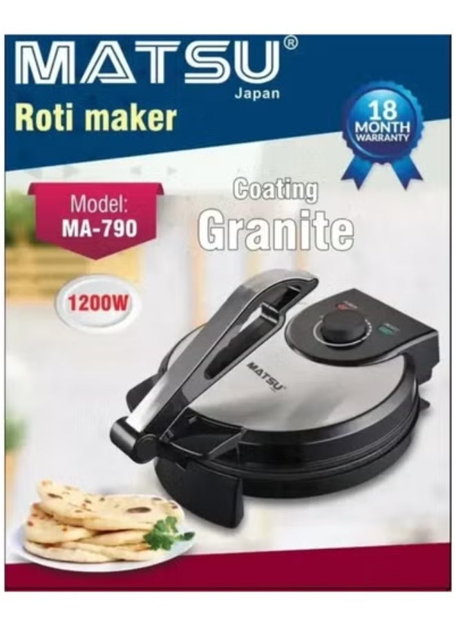ELTRAZONE - MATSU 10-Inch Electric Roti Maker – 1200W Non-Stick Chapati Press Machine with Durable Stainless Steel Body, Adjustable Temperature Control, Dual Indicator Lights, Safety Lock, Easy Clean Non-Stick Plates, Quick Heating, Instruction Manual Included – 220-240V Home Kitchen Appliance – Black – Efficient Flatbread Maker for Rotis, Parathas & Tortillas in UAE Kitchens - Image 1