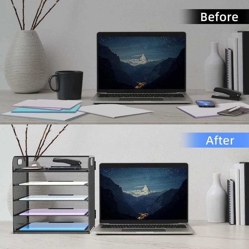 SUPEASY 2 Pack 5-Tier Desk Organizer with Handle Mesh Desk File/Paper Organizer Letter Tray for Office, School and Home Easy Installation,Black - Image 4